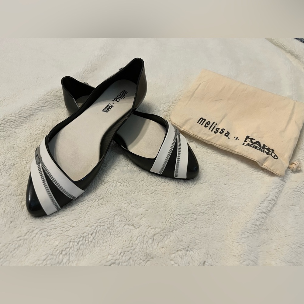 Used Melissa x Karl lagerfeld blue zipper rubber pointed toe flats size US 6.